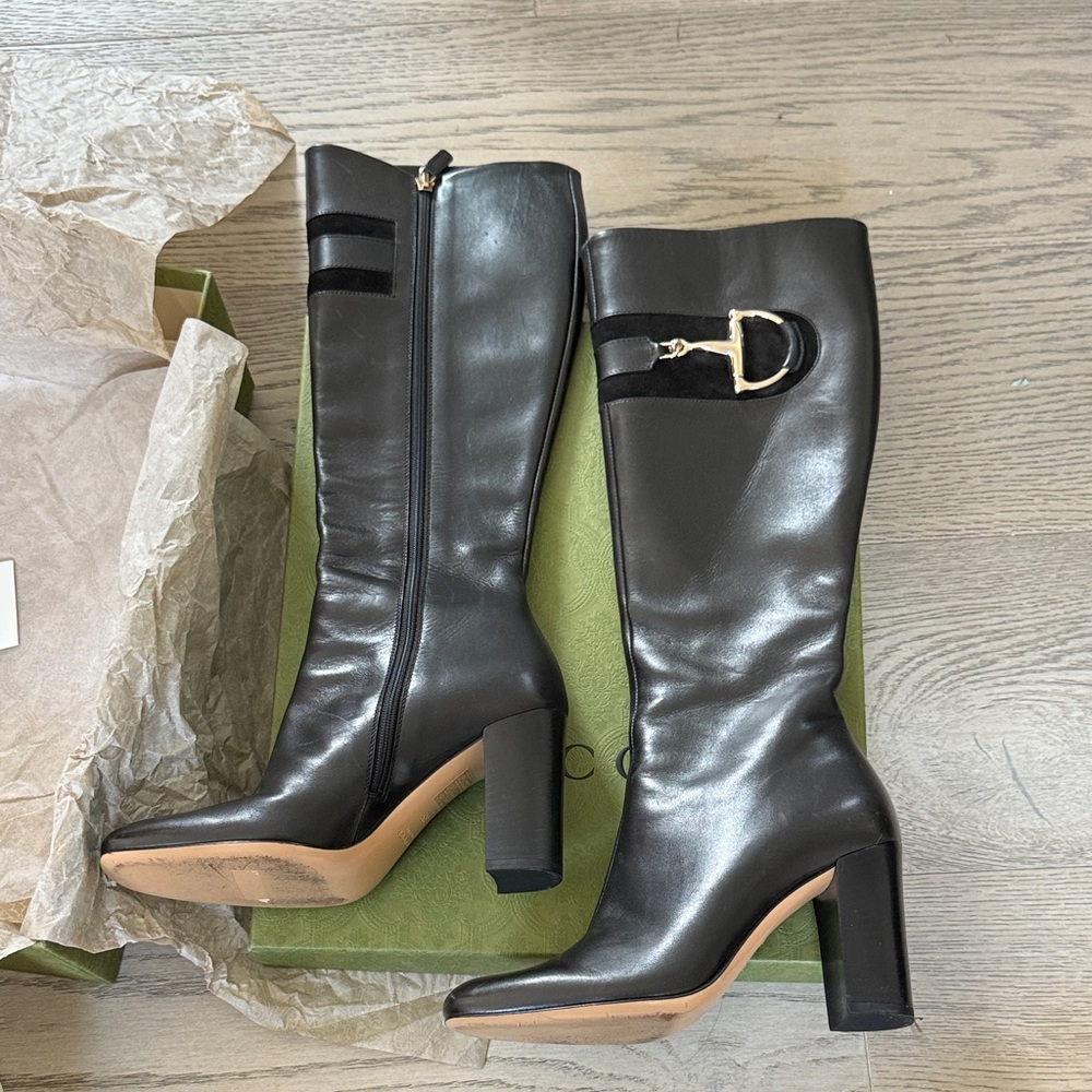 Gucci Black Leather Heeled Boots with Gold Buckle